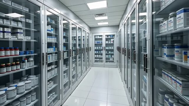  Hospital Pharmacy Corridor with Glass Doored Fridges and Shelving