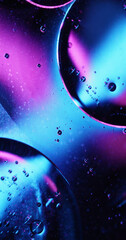 Cosmetic essence. Neon bubble. Defocused blue purple colorful oil molecular drop round chemical...