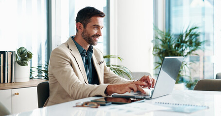 Office, businessman and smile with laptop for email, financial report and auditing for corporate...