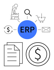 Central ERP hub connected to icons for industries, finance, shopping, communication, and supply chain. Ideal for business, strategy, finance management technology analytics planning. Flat simple
