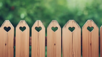 Fototapeta premium A charming wooden fence adorned with heart-shaped cutouts, symbolizing love and warmth in a serene garden setting.