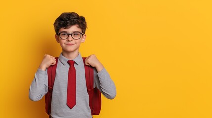 A cheerful boy with glasses and a tie, ready for school, stands against a bright yellow background, showcasing confidence and style.