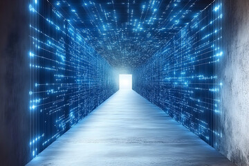 Fototapeta premium Futuristic digital tunnel, glowing data streams on concrete walls, light at the end, abstract technology concept.