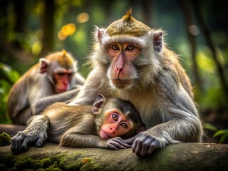 Fototapeta premium Macaque Grooming: Low Light Ubud Bali Wildlife Stock Photo