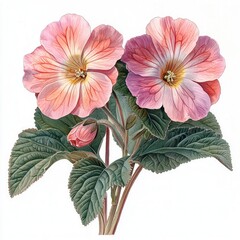 Delicate Pink Flowers with Green Leaves on a White Background in Botanical Illustration Style
