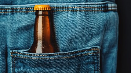 A close-up of a beer bottle peeking out from the pocket of blue denim jeans, highlighting casual moments and relaxation.