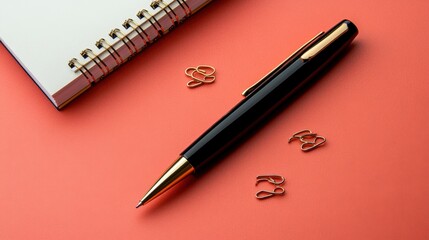Black pen writes a note on blank notebook paper at the office desk
