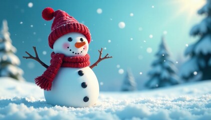 Fototapeta premium A cheerful snowman standing in a winter wonderland with a clear blue sky and snowflakes gently falling around it , serene, snowflakes, winter wonderland