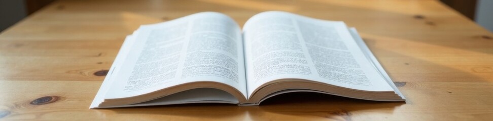 Obraz premium A clean wooden table holding an open trifold brochure with neatly arranged contents, office decor, product display