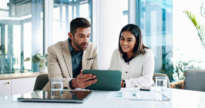 Review, online and people with tablet, business and happy for ad campaign performance or media buyer. Collaboration, talking and tech for digital marketing in office, website or colleagues in meeting