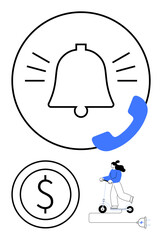 Ringing bell, dollar sign, phone, and woman riding an e-scooter with charging plug. Ideal for notifications, payments, communication, mobility charging transportation modern life. Flat simple