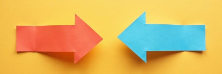 A pair of paper arrows pointing away from each other, visually separating against a clean backdrop, contrast, divergence