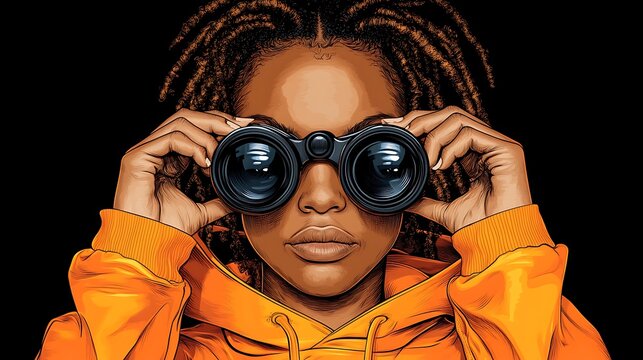 A trendy isolated vector illustration of a character peering through binoculars in a snowy mountain landscape.