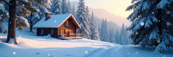 A serene winter scene features snowflakes gently falling on a peaceful cabin, surrounded by towering pine trees and the quiet woods,  calm atmosphere, snowfall,  pine trees