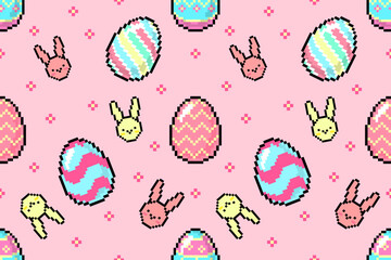 Easter background. Easter poster. Easter icon set. Pixel art seamless holiday pattern. Colorful eggs, cute bunny, chicken, basket, grass, elements, graphic design, illustration, banner, wallpaper,flat