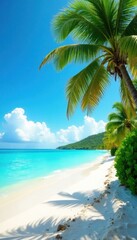 Fototapeta premium A serene tropical landscape features swaying palms and powdery white sand bordering a crystal clear turquoise ocean, crystal clear waters, beachscape, turquoise