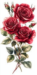 Beautiful Bouquet of Red Roses with Lush Green Leaves and Buds on a Soft White Background