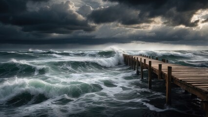 Obraz premium A wooden dock stretches into a turbulent ocean under a moody sky.