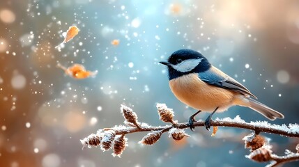 Obraz premium A small black capped chickadee perches on a delicate frost covered branch its tiny feathers puffed up to conserve warmth against the cold winter weather