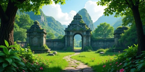 Ancient temple ruins in the midst of lush greenery , overgrown, tropical