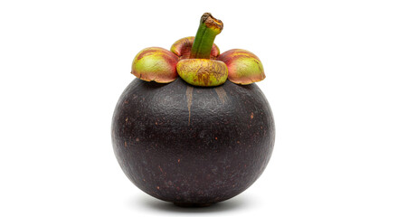 A ripe mangosteen with dark purple skin and a greenish-brown stem, isolated on a white background. This tropical fruit is known for its sweet, juicy interior and health benefits.