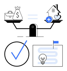 Scale balancing money with home and health, blueprint with light bulb and flag, large checkmark. Ideal for life balance, decision-making, planning, priorities, well-being, success flat simple