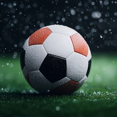 Fototapeta premium A close-up of a wet soccer ball on grass, surrounded by droplets of water, showcasing vibrant colors and texture in a dramatic setting.