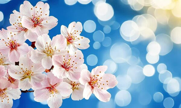 Pink cherry blossoms spring bloom, bokeh background, website header