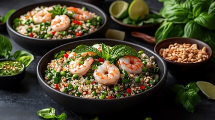 Delicious shrimp and rice bowl with herbs.