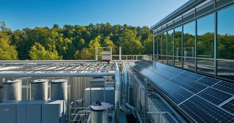 Aerial view of a large-scale data center powered by sustainable energy with solar panels on the roof, surrounded by greenery. Industry and sustainability background concept	