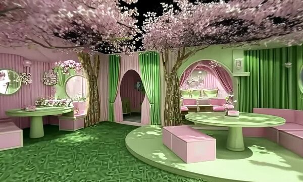 Pink green floral cafe interior design rendering