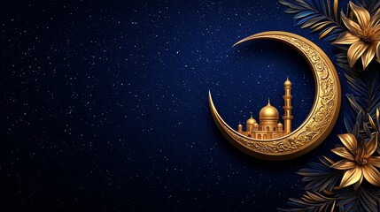 a golden crescent moon adorned with beautiful patterns and a silhouette of a mosque with domes and minarets. Include stars and lanterns hanging around the moon