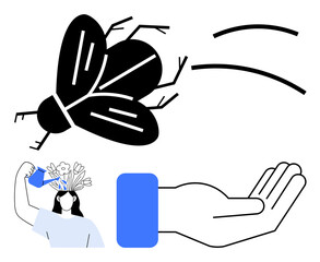 Large flying insect in motion near an open hand, paired with a person watering flowers growing from their head. Ideal for creativity, nature, mindfulness, growth, help, imagination, flat simple