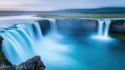 Rainbow waterfall landscapes harmonious concept. Stunning waterfall cascading into a serene turquoise pool surrounded by lush greenery.