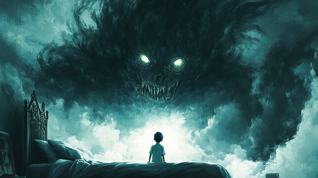 Nightmare concept showing a boy on bed facing giant monster in the dark land, digital art style, illustration painting