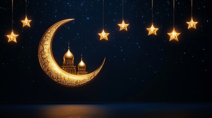 a golden crescent moon adorned with beautiful patterns and a silhouette of a mosque with domes and minarets. Include stars and lanterns hanging around the moon
