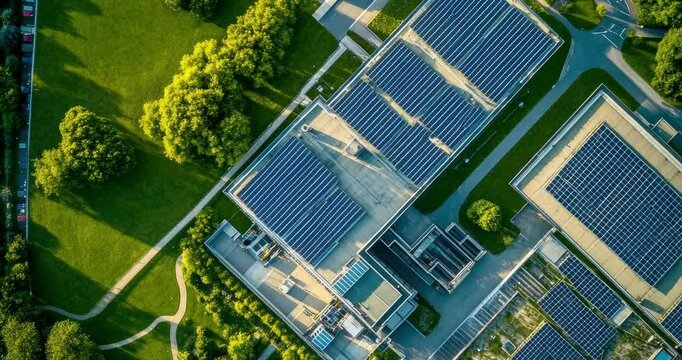 Aerial view of a large-scale data center powered by sustainable energy with solar panels on the roof, surrounded by greenery. Industry and sustainability background concept	