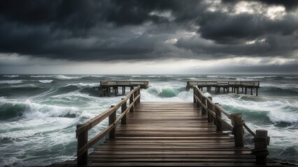 Obraz premium A weathered wooden pier extends across the foreground,