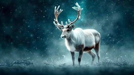 A breathtaking image of a solitary white reindeer standing serenely beneath the mesmerizing display of the northern lights its antlers dusted with a light layer of snow