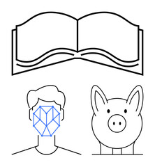 Open book symbolizing learning, face with geometric lines for technology, and piggy bank for saving. Ideal for education, technology, financial planning, AI, innovation, security and future