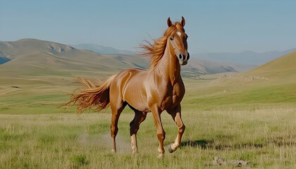 Obraz premium Majestic chestnut stallion galloping across a vast, sun-drenched grassland under a clear blue sky. Freedom, beauty, and wildness captured in a single breathtaking shot.