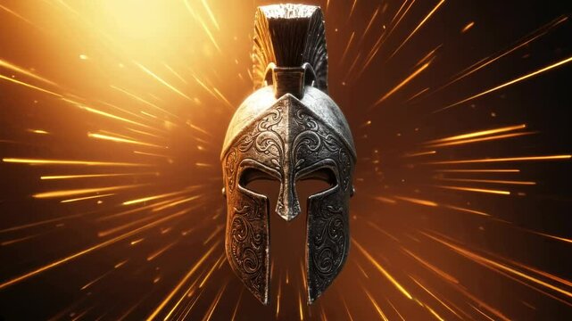 Ancient warrior helmet with intricate designs illuminated by dynamic golden light bursts - silver symbol