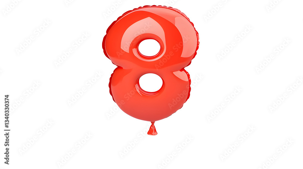 Poster A vibrant red foil balloon in the shape of the number 8 with a highly reflective metallic finish and smooth edges floating against a clean transparent background