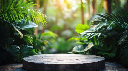 Lush Tropical Forest Display Platform with Sunlight Filtering Through Verdant Foliage for Product Showcase