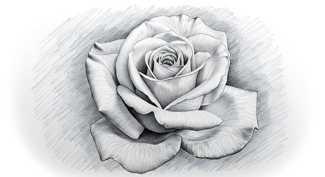 Elegant Rose Flower Pencil Drawing with Shading on White Background