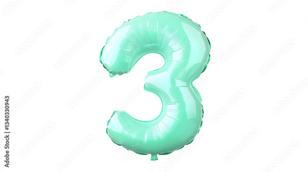 Aufkleber A reflective metallic green foil balloon shaped as the number 3 floating against a clean transparent background with soft highlights and shadows for a 3D effect