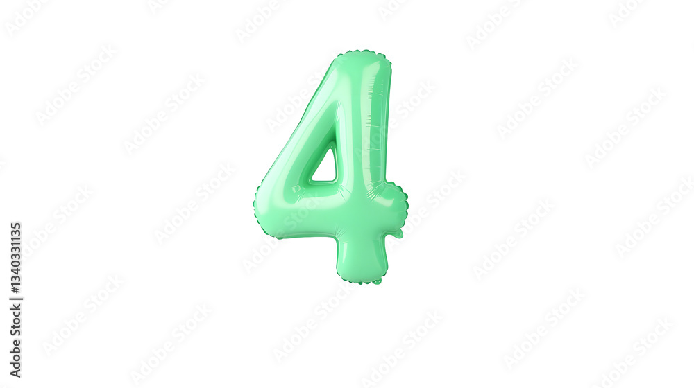 Fototapete a floating shiny green metallic foil balloon in the shape of the number 4 with a smooth reflective s