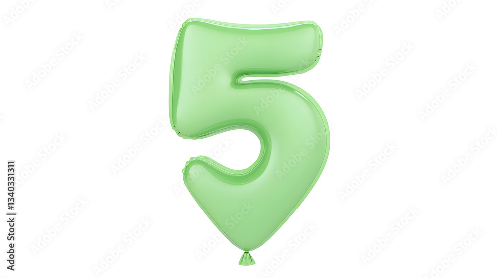 Poster A floating green foil balloon in the shape of the number 5 with a highly reflective metallic finish and smooth edges  The balloon has a 3D effect against a transparent background