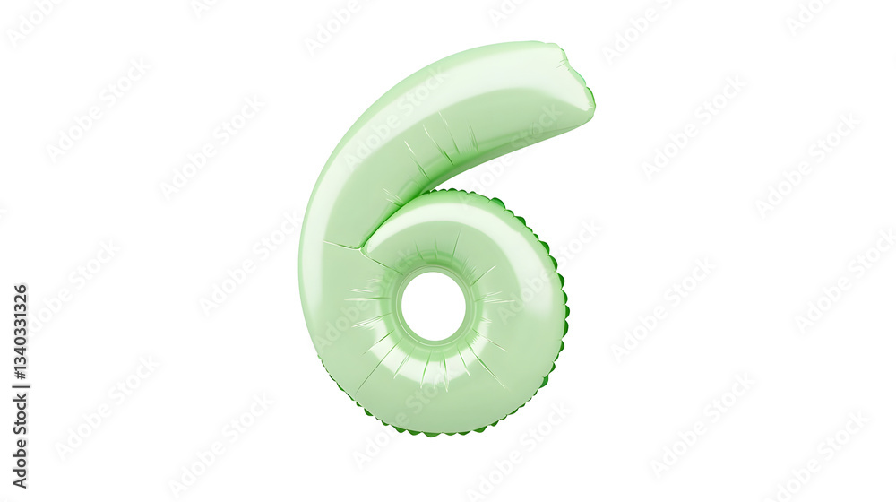 Fototapete a sleek shiny green foil balloon shaped as the number 6 floating independently with a reflective met