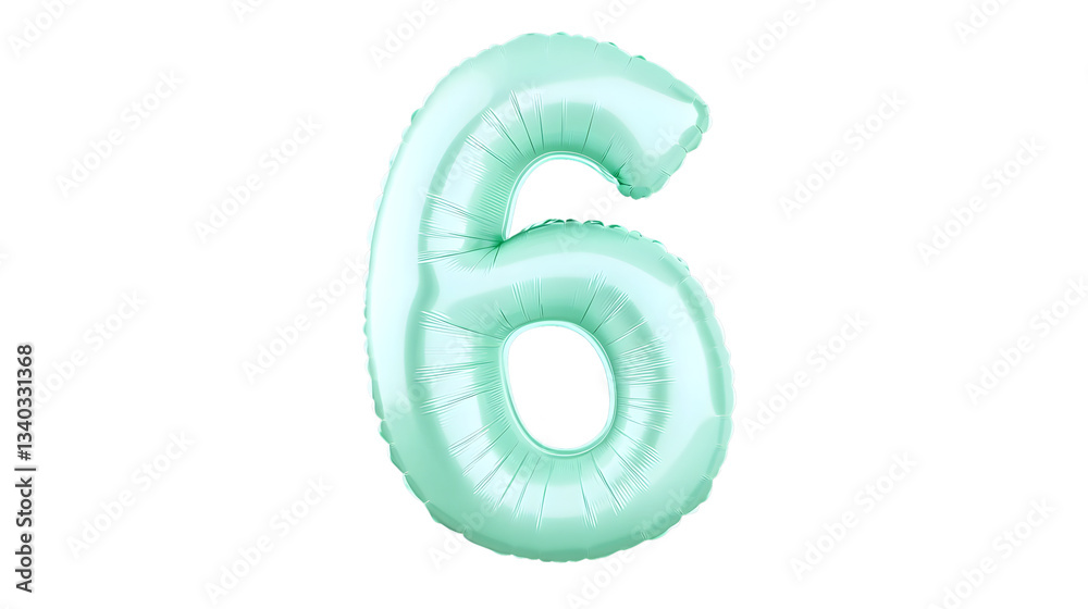 Poster A bright reflective metallic green foil balloon in the shape of the number 6 floating in front of a transparent background with soft highlights and shadows creating a 3D effect
